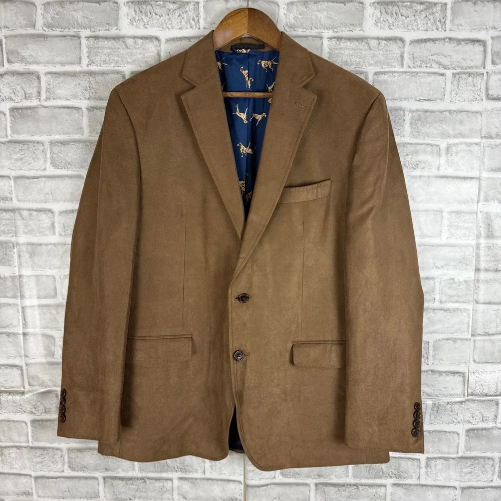 Lauren Ralph Lauren Mens Faux Suede Blazer Brown Dog Print Lining 42R Sport Coat
